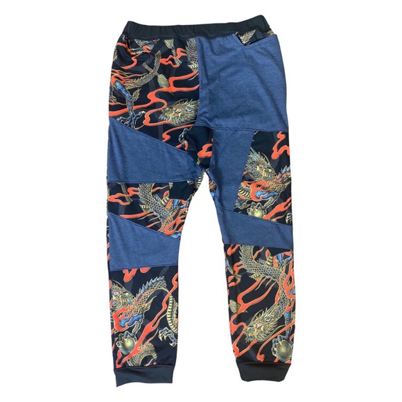 1 of 1 Reworked Dragon Pants, Joggers. Elastic waistband, dragon print, gold - Picture 1 of 7